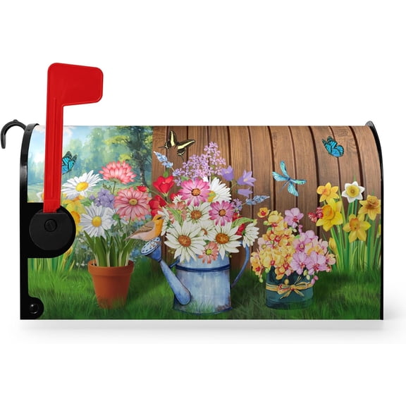 Summer Flower Mailbox Covers Magnetic Large Size Spring Floral Butterfly Mailbox Wraps Colorful Spring Mailbox Post Cover Oversized Mailbox Decor Waterproof for Garden Yard 25.5x21 Inch