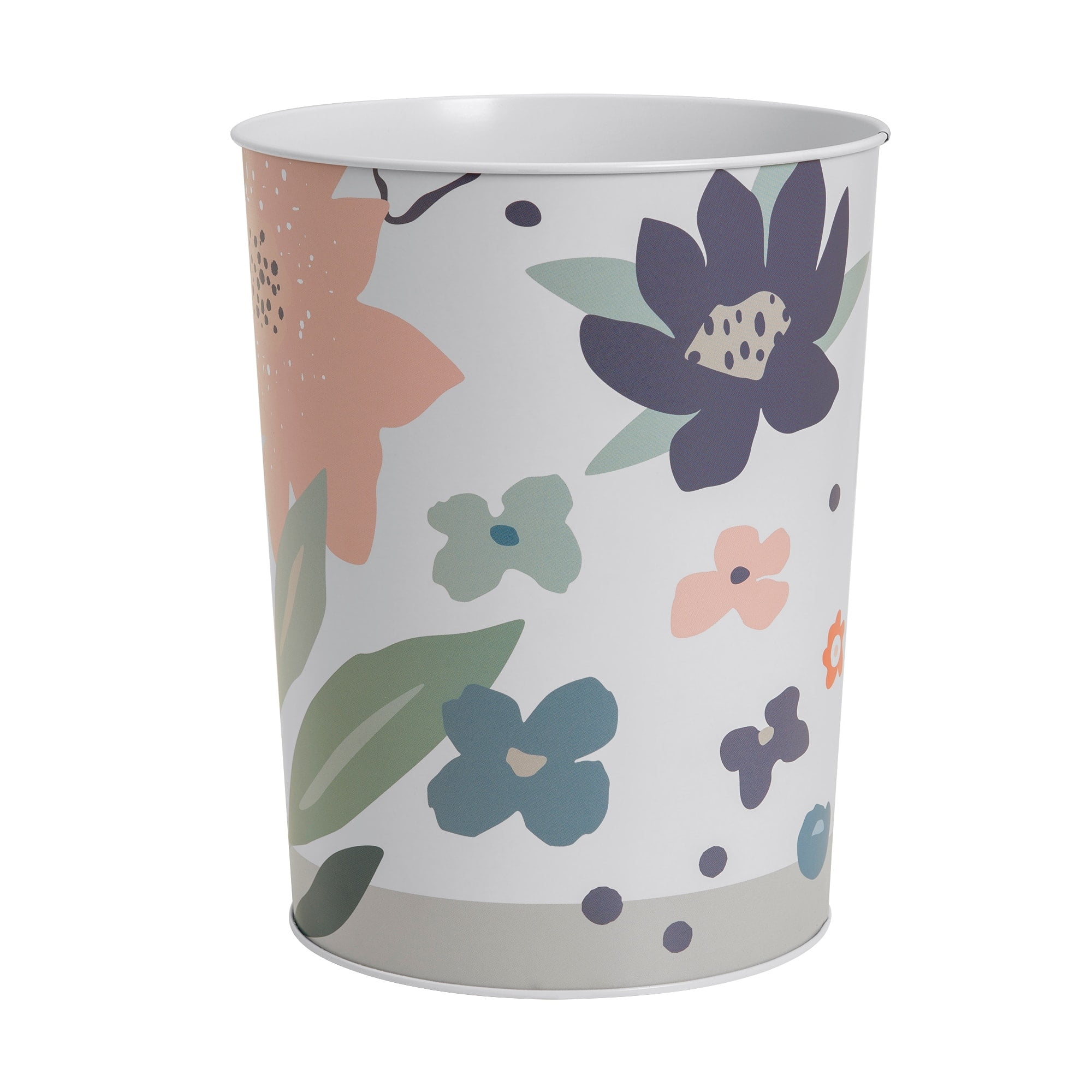 White Floral Metal Wastebasket for Kids' Bathroom