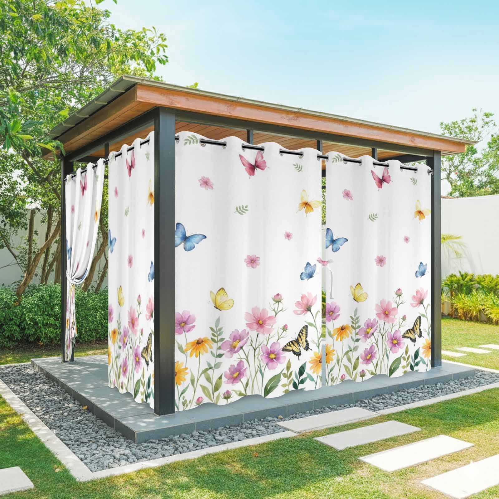 Summer Flower Outdoor Curtains for Patio, Rustic Pink Floral Color Butterfly Farmhouse Country Sunshade Privacy Drapes Grommet Waterproof Outside Curtains for Porch/Cabana/Balcony 54"x 95", 1 Panel