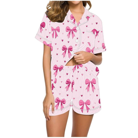 Summer Flower Pajamas Sets for Women Short Sleeve Top and Shorts Pj Set Buttoned Drawstring Waist Lounge Set