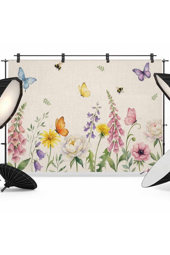 Summer Flower Photography Backdrop 7x5FT, Spring Pink Floral Colorful Butterfly Linen Texture Photo Backdrops, Background for Photography Studio Photo Studio Background, Back Drop for Photoshoot