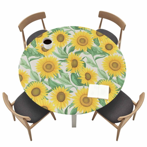 Summer Flower Plant Round Fitted Tablecloth with Elastic Edge Yellow Sunflower Linen Texture Table Cover Fit for 36"-44" Tables Waterproof Tablecloths for Dinner Camping Picnic