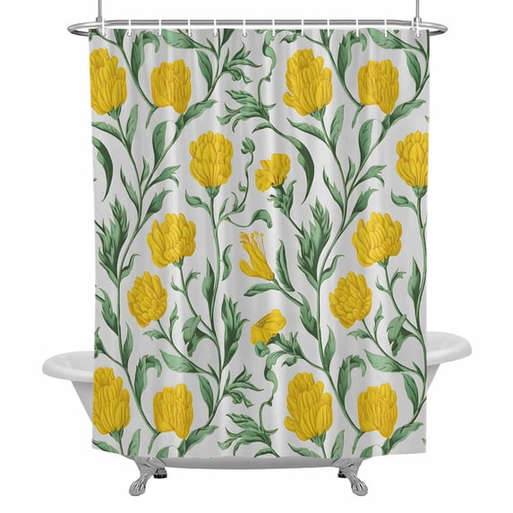 Summer Flower Shower Curtain for Bathroom, Abstract Yellow Floral Leaf Texture Waterproof Cloth Fabric Bathroom Accessories Set with 12 Rust Proof Plastic Hooks, 72"x96"