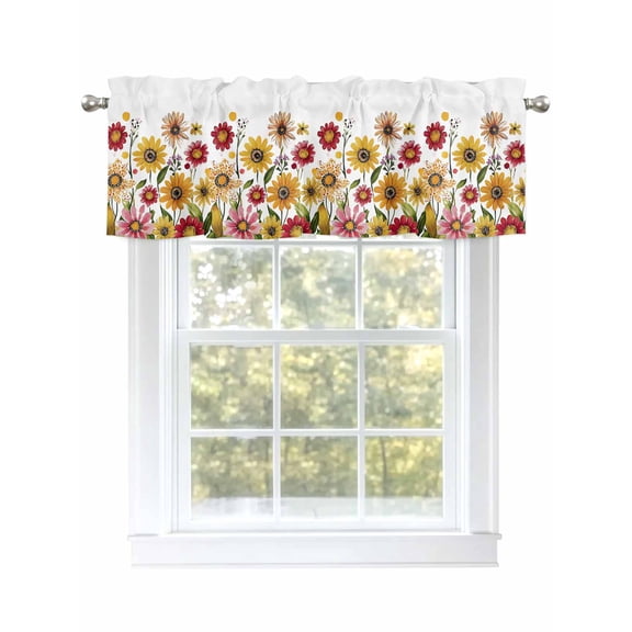Summer Flower Valances for Windows, Rod Pocket Kitchen Valance Curtains - Soft & Washable Small Window Treatment for Living Room,&nbsp;Bathroom, Yellow Red Daisy , 42x12 Inch, 1 Panel