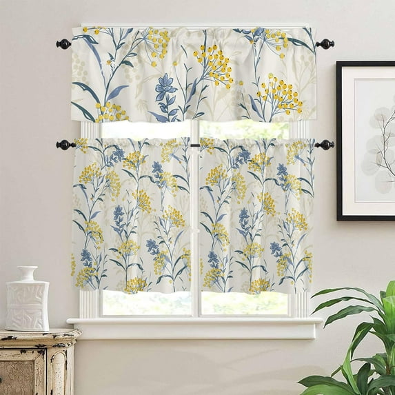 Summer Flower Window Curtain Set with Tiers and Valance, 3 Pieces Rod Pocket Valances Vintage Floral Plant Yellow and Blue Window Treatment Semi Sheer Kitchen Bedroom Farmhouse Decor (52" W x 18" L)