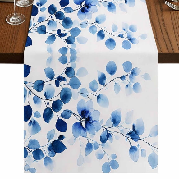 Summer Flowers 36 Inch Table Runner, Blue Garden Flora Illustrations Farmhouse Dresser Scarf Cotton & Linen Tablerunner for Dining/Kitchen Island/Holiday Party Décor Small 13" x 36"