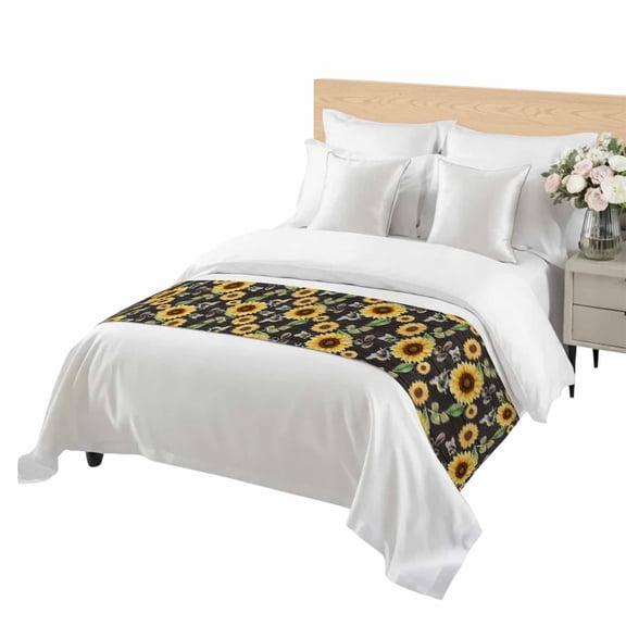 Summer Flowers Bed Runner Twin Size Watercolor Sunflower Seeds Cute Bee Green Leaf Soft Bed Scarf for Foot of Bed, Decorative Bedding Scarf Protection for Hotel Home Bedroom 71 x 20 Inch