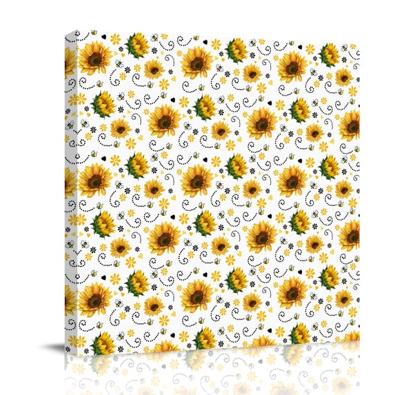 Summer Flowers Canvas Wall Art for Living Room, Farmhouses Watercolor Sunflowers Cute Bees Poster Print Painting for Bedroom Office Home Decoration Wall Pictures Prepare To Hang 16"x16"
