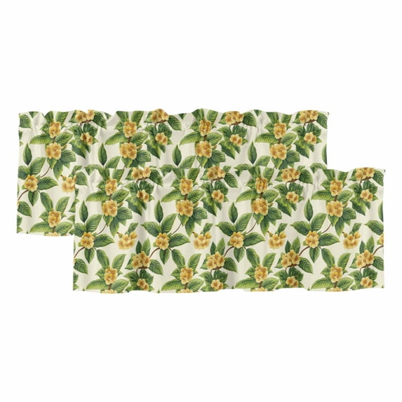 Summer Flowers Curtain Valances for Windows, Kitchen Valance Window Treatments Panel 2 Pack, Retro Watercolor Botanical Floral Leaf Rod Pocket Short Curtains for Bathroom Bedroom 42 x 18 Inch