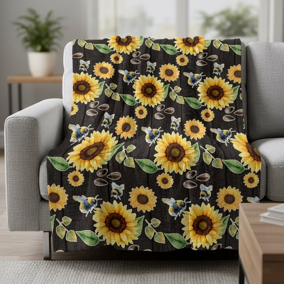 Summer Flowers Fleece Throw Blanket Watercolor Sunflower Seeds Cute Bee Green Leaf Ultra Soft Fuzzy Cozy Flannel Throw Blanket for Couch Sofa Bed Car Travel, Ideal Gifts 30x40 Inches