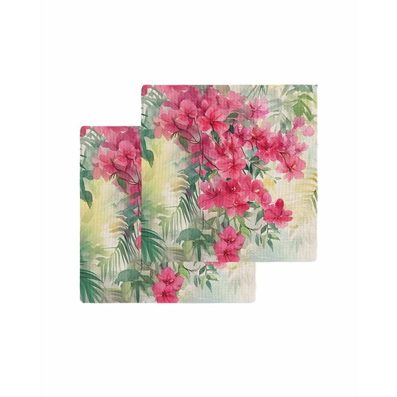 Summer Flowers Kitchen Dish Towels for Drying Dishes Set of 2, Retro Country Botanical Floral Leaves Waffle Weave Microfiber Terry Hand Tea Bathroom Towels Quick Dry & Absorbent Towel 12x12