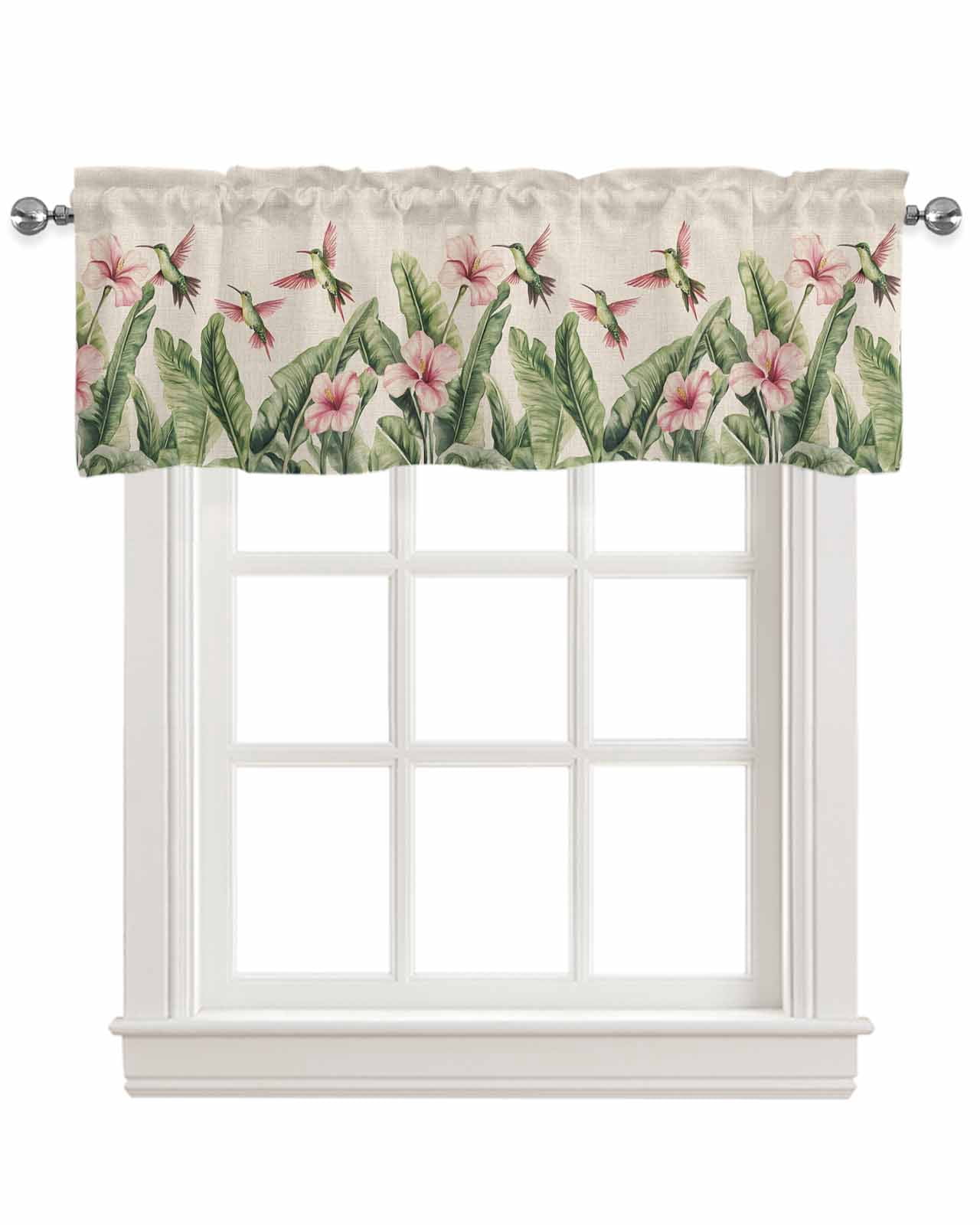 Summer Flowers Kitchen Valances for Windows Farmhouse Linen Window Valance Curtain for Living Room Window Treatment Retro Country Tropical Palm Leaves Birds Valance Rod Pocket Topper, 54 x 18 Inch