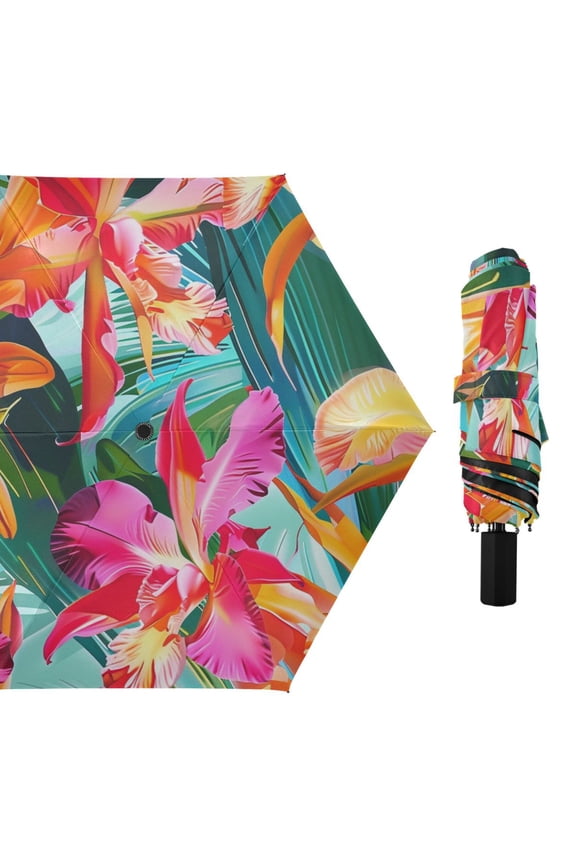 Summer Flowers Leaves All Weather Umbrella Triple Folding Parasol 6 Ribs UV Protection Portable