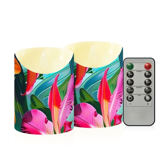 Summer Flowers Leaves Flickering Flameless Candles with Remote Timer Battery Operated LED Tealight Set of 2 M
