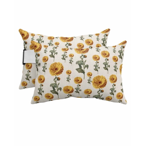 Summer Flowers Outdoor Head Resting Pillows with Insert Yellow Floral Plant Farmhouse Green Leaves Retro 2 Pack Waterproof Lumbar Pillows with Adjustable Strap for Patio Recliner Beach Chair, 12"x20"