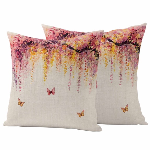 Summer Flowers Outdoor Waterproof Pillow Covers, Watercolor Butterfly Florals Trees Decorative Square Throw Pillowcase Sofa Cushion Sham for Patio/Couch/Chair, 24"x24" 2 Pack