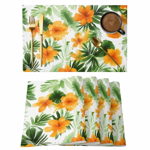 Summer Flowers Placemats Set of 6 Orange Botanical Florals Green Leaves Place Mats Indoor Wipeable Table Mats Washable Cloth Dining Table Placemats for Kitchen Holiday Party Home Decor 13x19 Inch