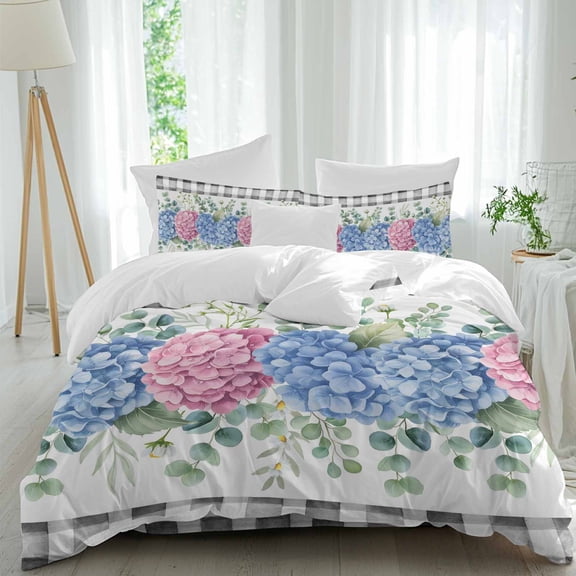 Summer Flowers Queen Size Comforter Set, Pink Blue Hydrangea Eucalyptus Leaf Black Plaid Bedding for All Seasons, 4 Pcs Bed Set, 1Quiltcover (90"x92") ,1Sheet(94"x116"), 2Pillowcases (30"x20")