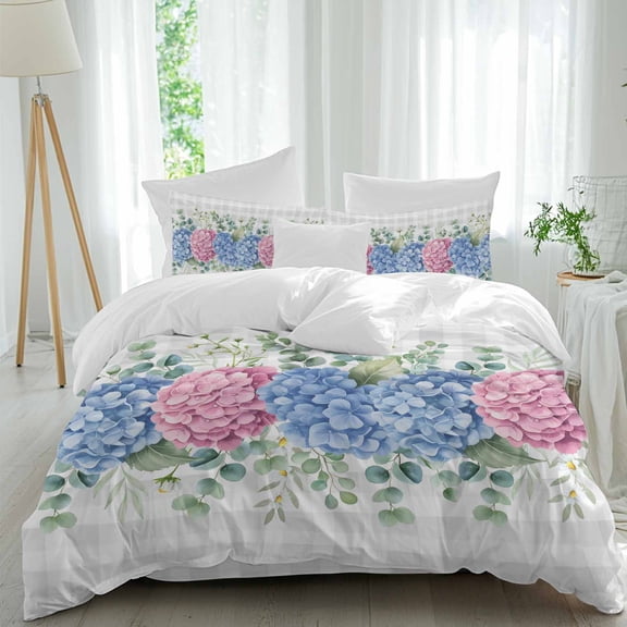 Summer Flowers Queen Size Comforter Set, Pink Blue Hydrangea Eucalyptus Leaf Grey Plaid Bedding for All Seasons, 4 Pcs Bed Set, 1Quiltcover (90"x92") ,1Sheet(94"x116"), 2Pillowcases (30"x20")