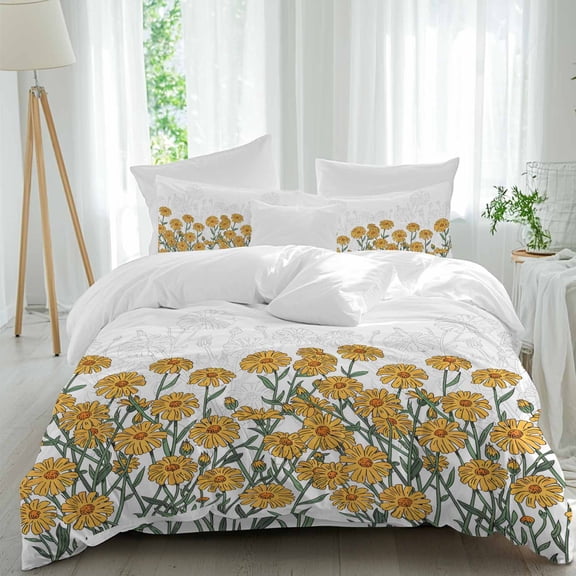 Summer Flowers Queen Size Comforter Set, Yellow Chrysanthemum Watercolor Bedding for All Seasons, 4 Pcs Bed Set, 1Quiltcover (90"x92") ,1Sheet(94"x116"), 2Pillowcases (30"x20")