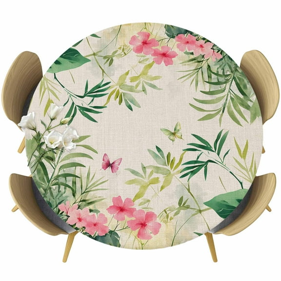 Summer Flowers Round Tablecloth 36-44 Inch Round Fitted Table Cloth with Elastic Edge, Watercolor Farmhouse Botanical Leaves Waterproof Table Cover Protector for Outdoor Picnic Party Dining