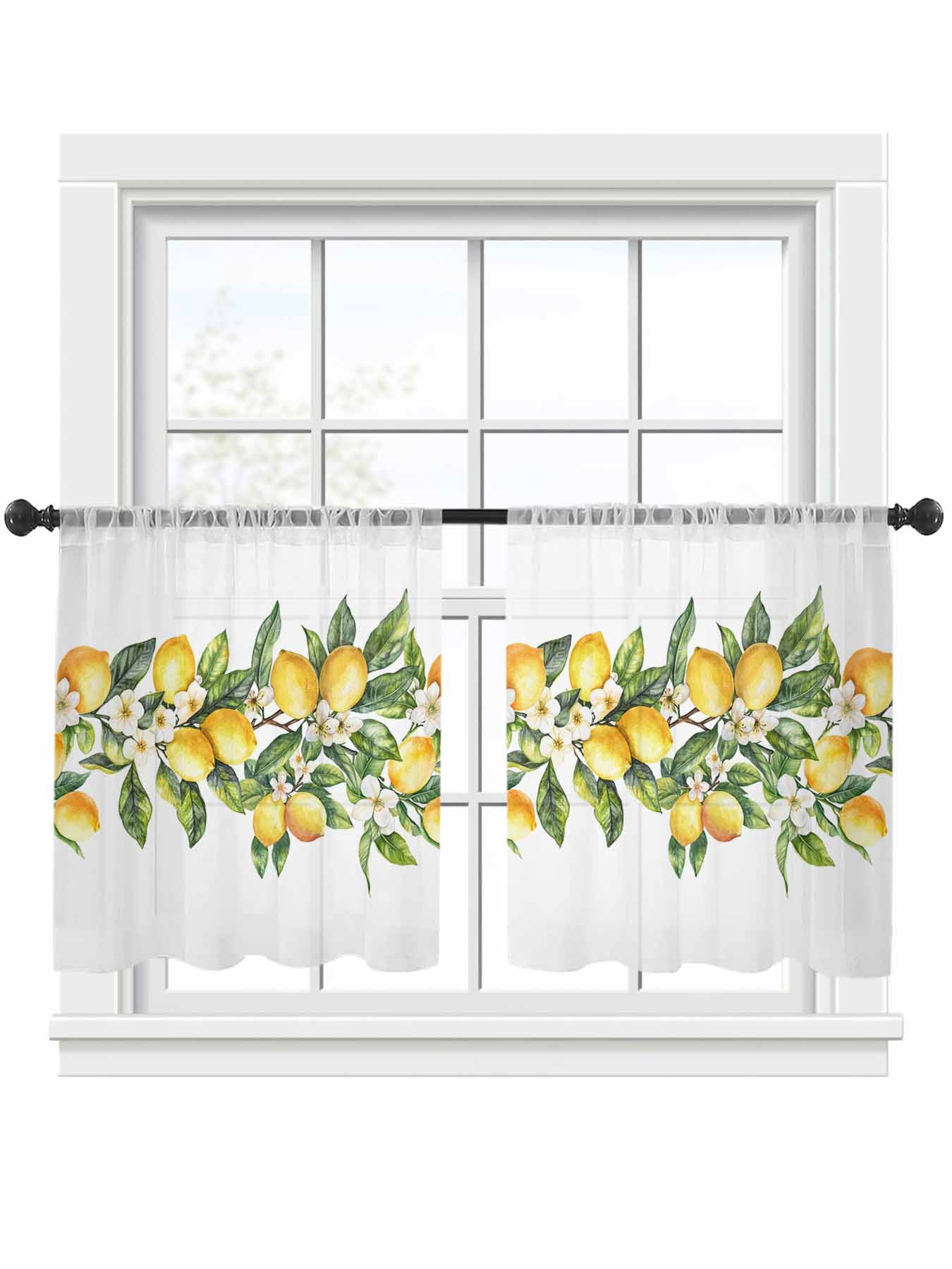 Summer Flowers Sheer Curtains 45 Inch Long 2 Panels, Retro Yellow Lemon ...