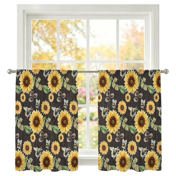 Summer Flowers Sheer Curtains 45 inches Long, Watercolor Sunflower Seeds Cute Bee Green Leaf Light Filtering Sheer Window Curtains Rod Pocket Voile Drapes for Bedroom Living Room, 2 Panels