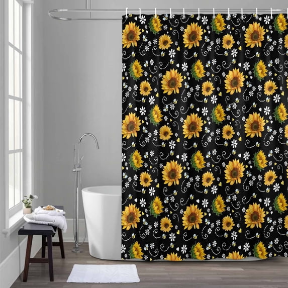 Summer Flowers Shower Curtain for Bathroom Decor, Farmhouses Watercolor Sunflowers Cute Bee Black Waterproof Fabric Shower Curtain, 36"x72" Set with 12 Hooks