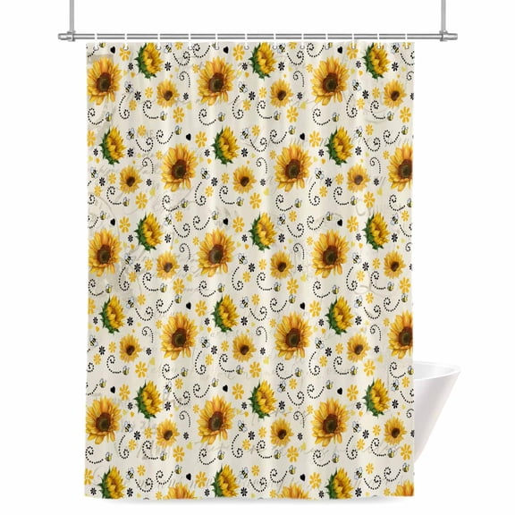 Summer Flowers Shower Curtain, Farmhouses Watercolor Sunflowers Cute Bee Waterproof Shower Curtain Set with 12 Hooks Lightweight Bath Curtains Fabric Bathroom Decor 36x72 Inches