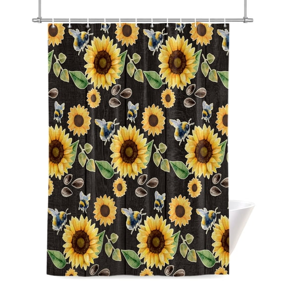 Summer Flowers Shower Curtains for Bathroom, Watercolor Sunflower Seeds Cute Bee Green Leaf Waterproof Fabric Shower Curtain for Bathroom Bathtub Decoration, Machine Washable 36"x72"