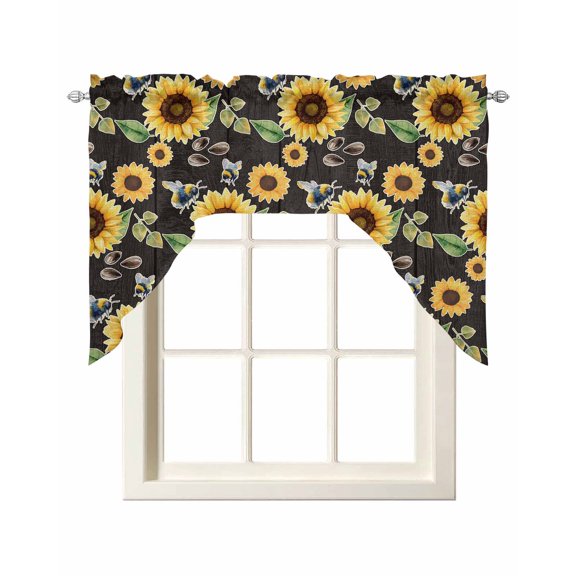 Summer Flowers Swag Valances for Windows 56 x 36 Rod Pocket Light Filtering Window Topper Watercolor Sunflower Seeds Cute Bee Green Leaf for Kitchen Bathroom Bedroom Living Room