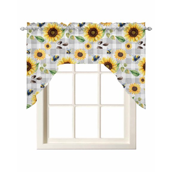 Summer Flowers Swag Valances for Windows 56 x 36 Rod Pocket Light Filtering Window Topper Yellow Sunflower Seed Fanny Bee Rustic Gray Plaid for Kitchen Bathroom Bedroom Living Room