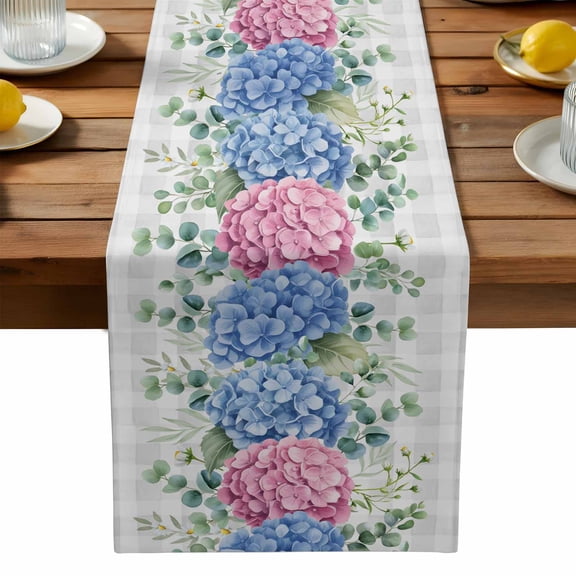 Summer Flowers Table Runner, Pink Blue Hydrangea Eucalyptus Leaf Grey Plaid Washable Kitchen Table Runners Dress Scarves for Dining Table Decorations Party, 13x108in