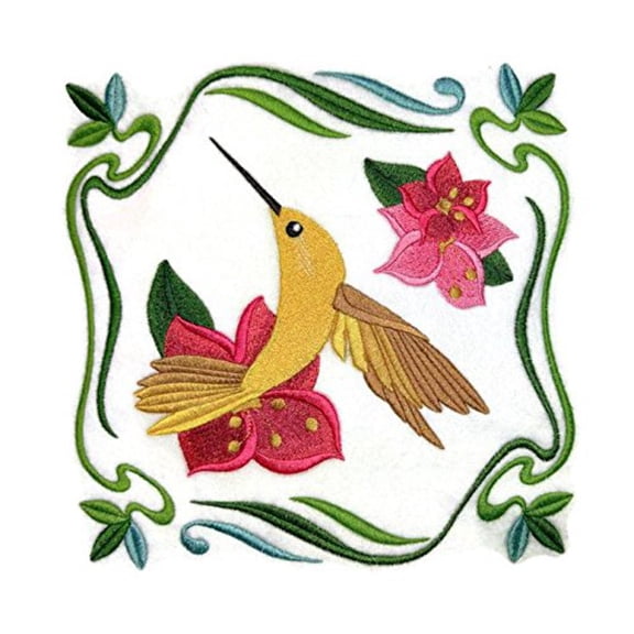 Summer Flowers and Hummingbird Embroidery Iron On/Sew patch [7.77" x 7.82"]