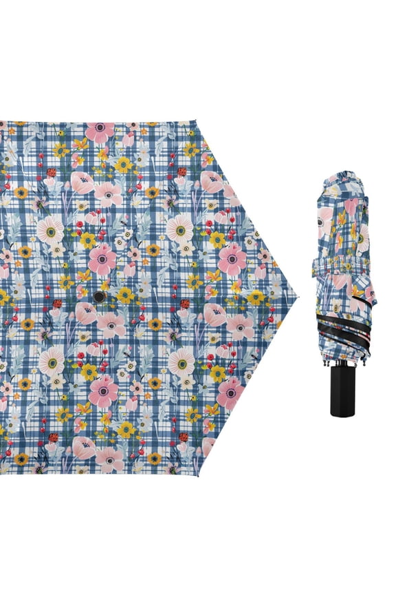 Summer Flowers and Ladybirds Compact Sun Umbrella Windproof Travel Umbrellas for Rain Strong Portable UV Protection