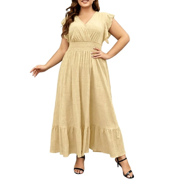 Summer Flowy Dresses for Women Plus Size V-Neck Ruffle Sleeve Smocked Waist Tiered Maxi Dress Casual Party Wedding Guest Sundress Yellow XL