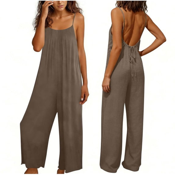 Summer Flowy Jumpsuit for Women Loose Fitting Backless Spaghetti Strap Wide Leg Overalls with Pockets Lightweight Sleeveless Rompers for Beach Vacation Summer Causal Brown S