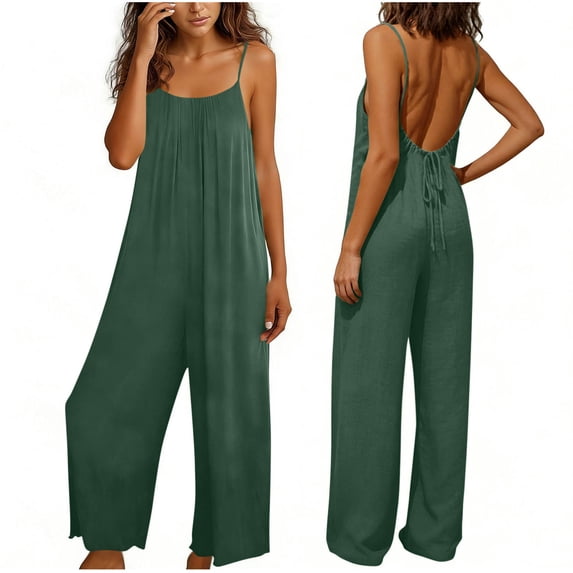 Summer Flowy Jumpsuit for Women Loose Fitting Backless Spaghetti Strap Wide Leg Overalls with Pockets Lightweight Sleeveless Rompers for Beach Vacation Summer Causal Green S