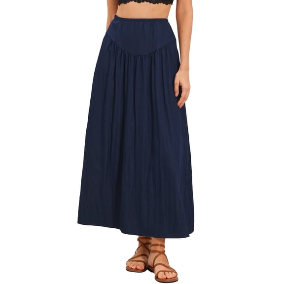 Summer Flowy Long Skirts for Women 2026 Elastic High Waist Casual Maxi Skirt XS Dark Blue