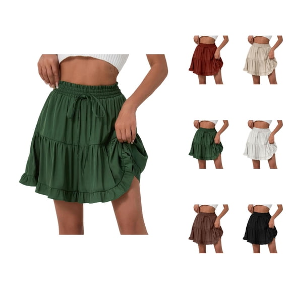 Summer Flowy Mini Skorts Skirts for Women Elastic High Waist Casual Cute Boho Beach Short Skirt Ruffle Tiered Skirt