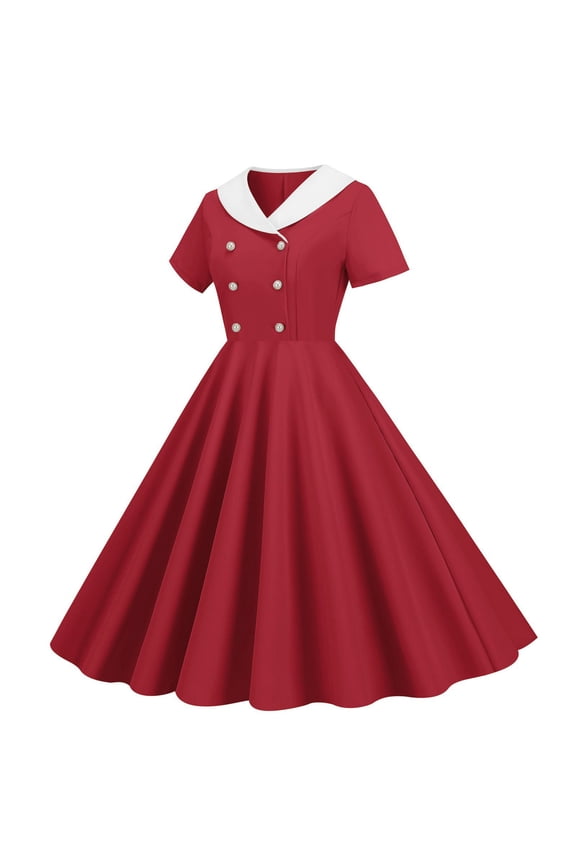 Summer Foreign Trade Explosion Women's V Neck Short Sleeved Solid Color Retro Double Button Big Swing Dress Petite Midi Dress Short T Shirt Dresses for Women Denim Midi Dress Summer Dress with Sleeves