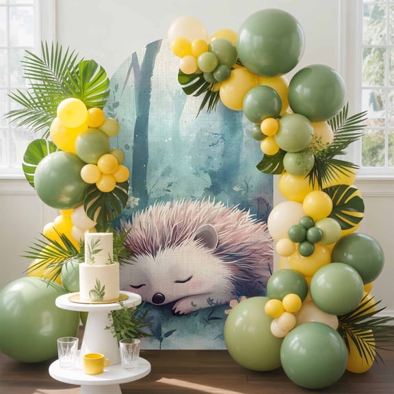 Summer Forest Hedgehog Floral Arch Backdrop Cover Stretchy Spandex Arch Cover 6ft, Wild Flowers on Teal Round Top Chiara Stand Covers for Wedding Birthday Party Ceremony Banquet