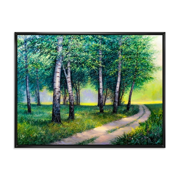 Summer Forest Path By The Birches 20 in x 12 in Framed Painting Canvas Art Print, by Designart