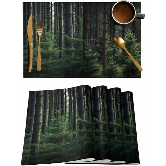 Summer Forest Placemats Set of 6,Washable Woven Burlap Cloth Fabric Placemat for Square/Rectangle/Round/Oval Dining Table,Easy Clean Place Mats for Kids Nature Green Tree Modern Landscape Watercolor