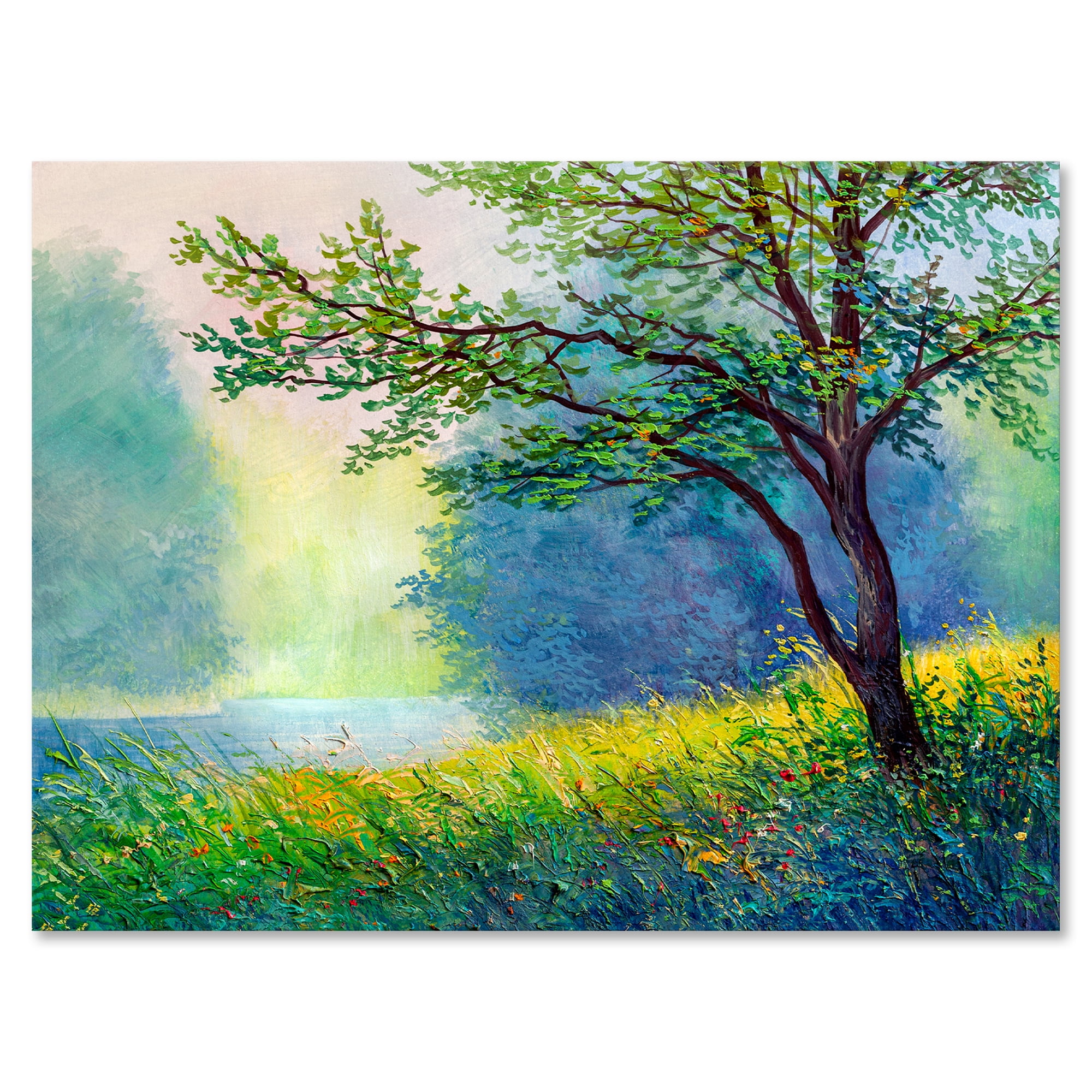 Summer Forest With Waterfall and River 32 in x 16 in Painting Canvas Art Print, by Designart