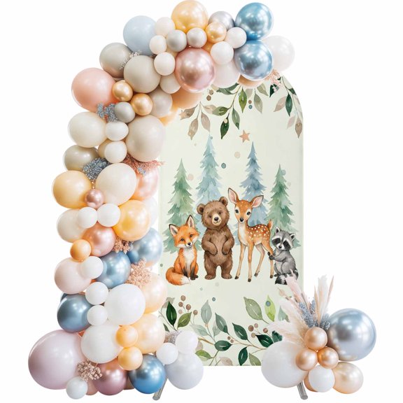 Summer Forests Bear Fox Raccoon Arch Backdrop Cover Spandex Fitted Arch Cover 6FT,Arches Backdrop Stand Covers for Wedding Birthday Party Ceremony Banquet Decoration Pine Tree Leaves on Green