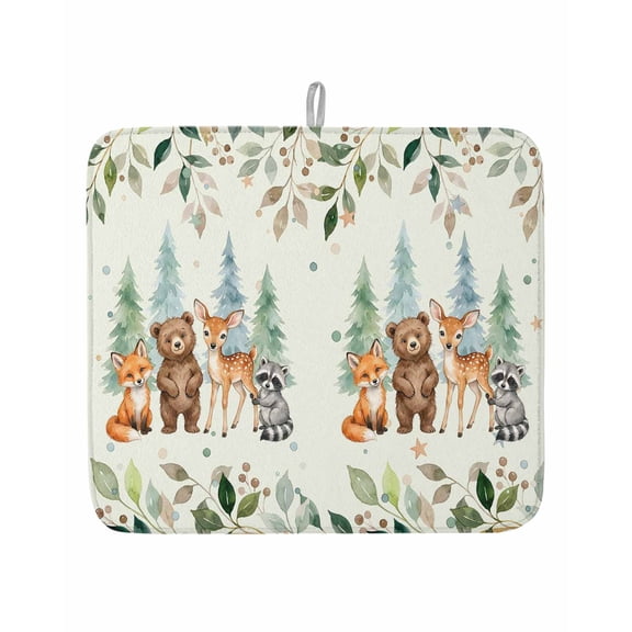 Summer Forests Bear Fox Raccoon Dish Drying Mats for Kitchen Counter,Absorbent Microfiber Dish Drainer Rack Mat Pine Tree Leaves on Green Drying Pad for Sinks,Utensils,Countertops,16x18in