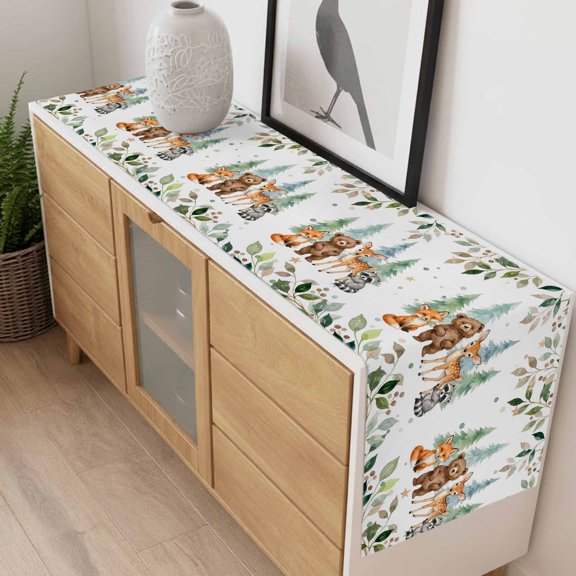 Summer Forests Bear Fox Table Runner 70 Inches Long,Kitchen Dining Tablerunners Star Pine Tree Leaves Linen Table Runners Dresser Scarves for Home Dinner Wedding Holiday Party Decor