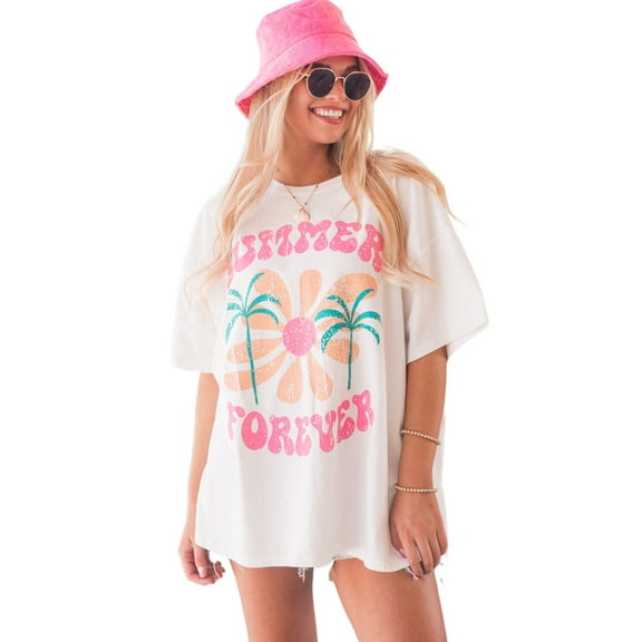 Summer Forever White Floral Graphic T-Shirt for Women