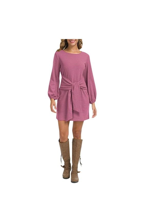 Summer Formal Dresses For Women 2023 Elegant Long Lantern Sleeve Short Crewneck Tie Waist Knit Prom Dress Red XL